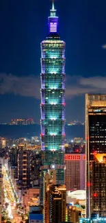 Stunning night view of Taipei 101 skyscraper dominating the city skyline.