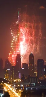 City skyline at night with colorful fireworks display.