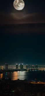 Moonlit city skyline with water reflection at night.