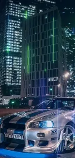 Sleek sports car in a vibrant city nightscape.