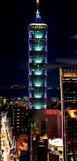 Nighttime view of Taipei 101 skyscraper, illuminated city lights.