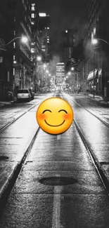 Black and white city street with smiley emoji overlay.