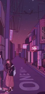 Anime couple under stars on neon-lit street wallpaper.