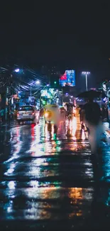 Colorful night street reflecting lights on wet pavement with blurred people.