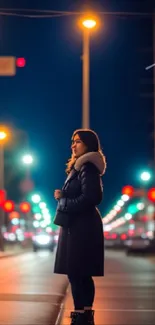 Woman stands on a quiet city street lit by night lights.