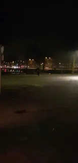 Quiet nighttime street with streetlights casting a soft glow on the path.