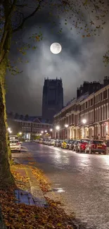 Moonlit street with a prominent cathedral at night.