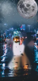 Night street with full moon and city lights reflection.