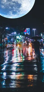 Night city street with giant moon overhead and wet reflections.