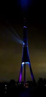 Tower illuminated by neon lights against a dark night sky.