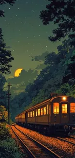 Train on tracks through a forest under a night sky.