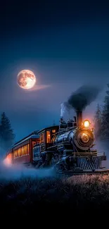 A steam train illuminated by a full moon in a misty forest at night.