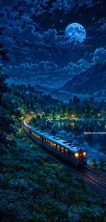 Train traveling at night under a bright moonlit sky.