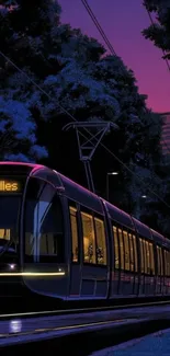 Night scene of a tram in a cityscape with purple sky.