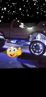 Truck illuminated at night with sparkles and emoji on a dark background.