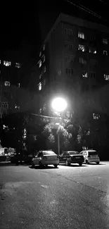 Black and white night street scene with illuminated building.