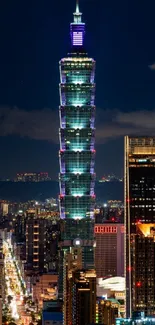 Night view of Taipei 101 with glowing city skyline.