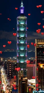 Stunning night view of Taipei 101 tower illuminated against the city skyline.