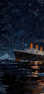 A majestic ship sails under a starry night sky, reflecting on the calm ocean waters.