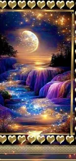 Fantasy night scene with moon, stars, and waterfall