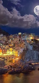 Coastal village illuminated under a full moon and night sky, ideal for phone wallpaper.