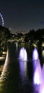 Night cityscape with illuminated fountains and greenery.