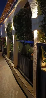 Serene nighttime arched walkway with gentle lighting and lush greenery.