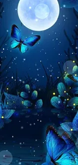 Blue butterflies under a full moon in a mystical nighttime forest scene.