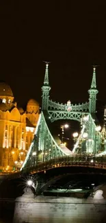 Illuminated bridge at night with city skyline in the background.