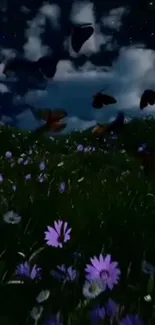 Butterflies fluttering over purple flowers at night.