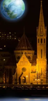 Illuminated cathedral at night with a glowing Earth in the sky.