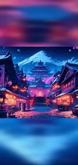 Nighttime scene of a cherry blossom village with vibrant colors and mountain backdrop.