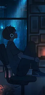 Silhouette sitting by a rainy window, listening to music, in a dark room.