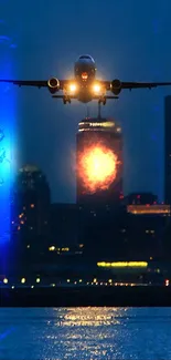 Airplane landing with city skyline at night, illuminating the scene.