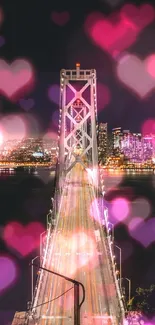 Illuminated bridge with city skyline at night.