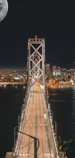 City bridge at night with full moon in sky.