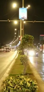 A vibrant city street at night with glowing lights and traffic motion.