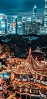 Stunning nighttime cityscape with vibrant lights and historic architecture.