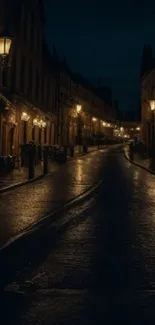 Dimly lit cobblestone street with vintage lamps at night.