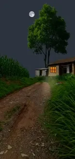 Moonlit cottage path with serene night sky and lush trees.