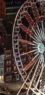 Nighttime Ferris wheel with city lights glowing vibrantly.