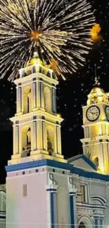 Fireworks illuminate cathedral towers at night.