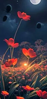 Red flowers under moonlight in a fantasy night landscape.