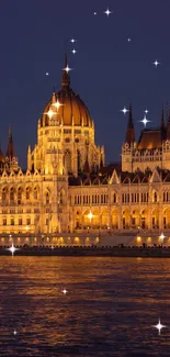 Illuminated Hungarian Parliament at night with reflections on the Danube.