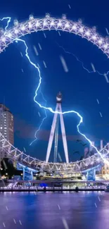 Striking lightning behind a nighttime Ferris wheel, reflecting over water.