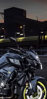 Motorcycle in a nighttime urban setting with neon yellow accents.