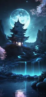 Serene nighttime pagoda with a full moon and waterfall glow.