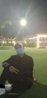 Person sitting in a park at night, with lights in the background.