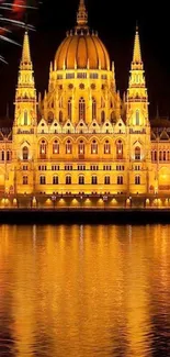 Illuminated Parliament building with fireworks and reflection at night.