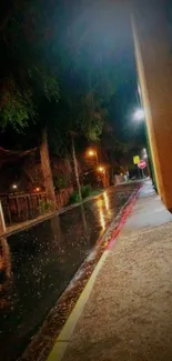 Nighttime street scene with rain and warm streetlights.